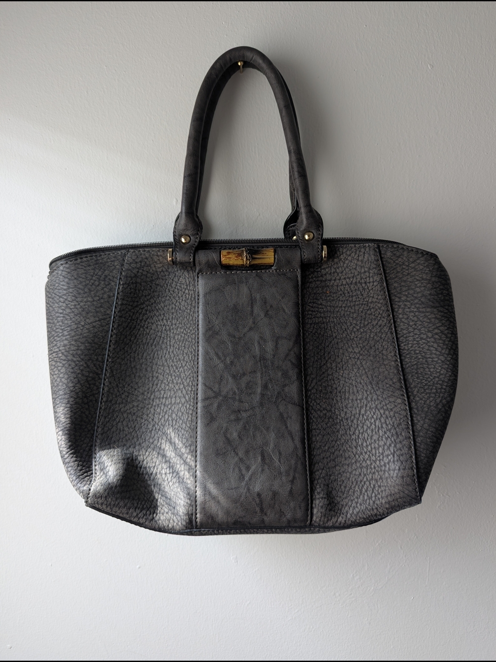 Structured Charcoal Leatherette Shoulder Bag with Gold Accent